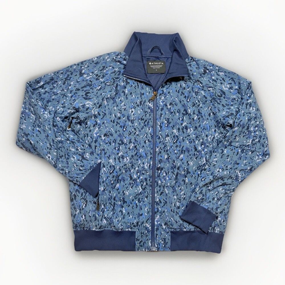 Athleta Women's Blue Brooklyn Bomber Sweater Jacket Size Medium Printed Pattern